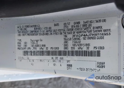 2017 Ford Fiesta S z USA, uszkodzony, nr VIN 3FADP4AJ7HM116953